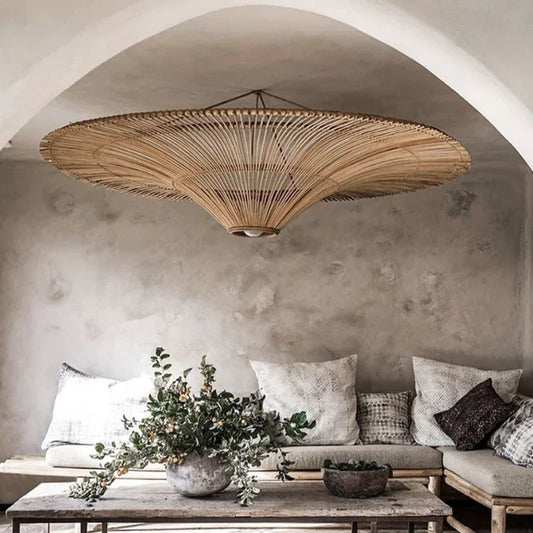 Vintage LED Pendant Light Nordic Umbrella Handmade Rattan Lamp for Living Room Bedroom Dining Room Table
