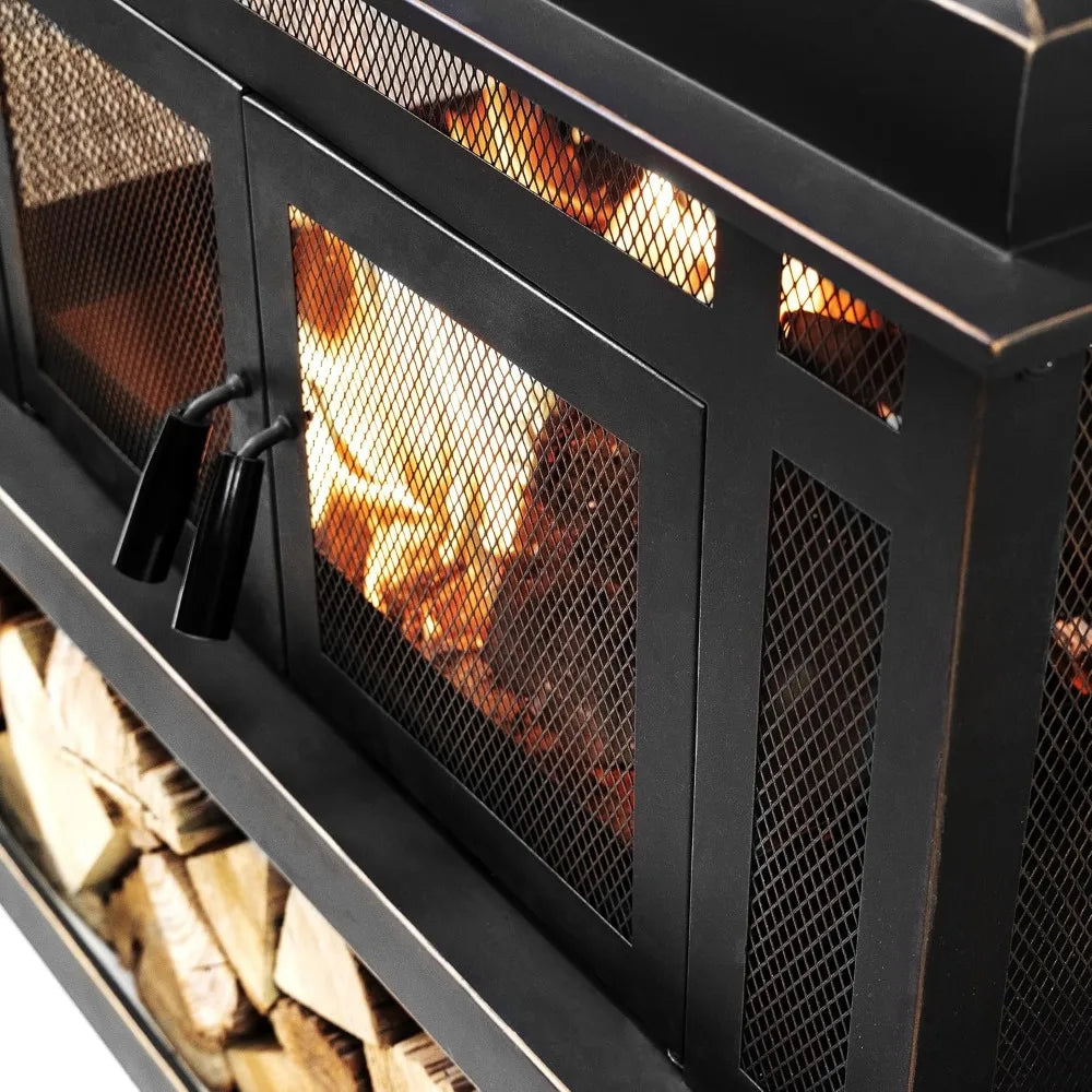 Rimasco 80 Inch Metal Wood Burner Fireplace with Side Storage Tables Smokeless Patio Fire Pit