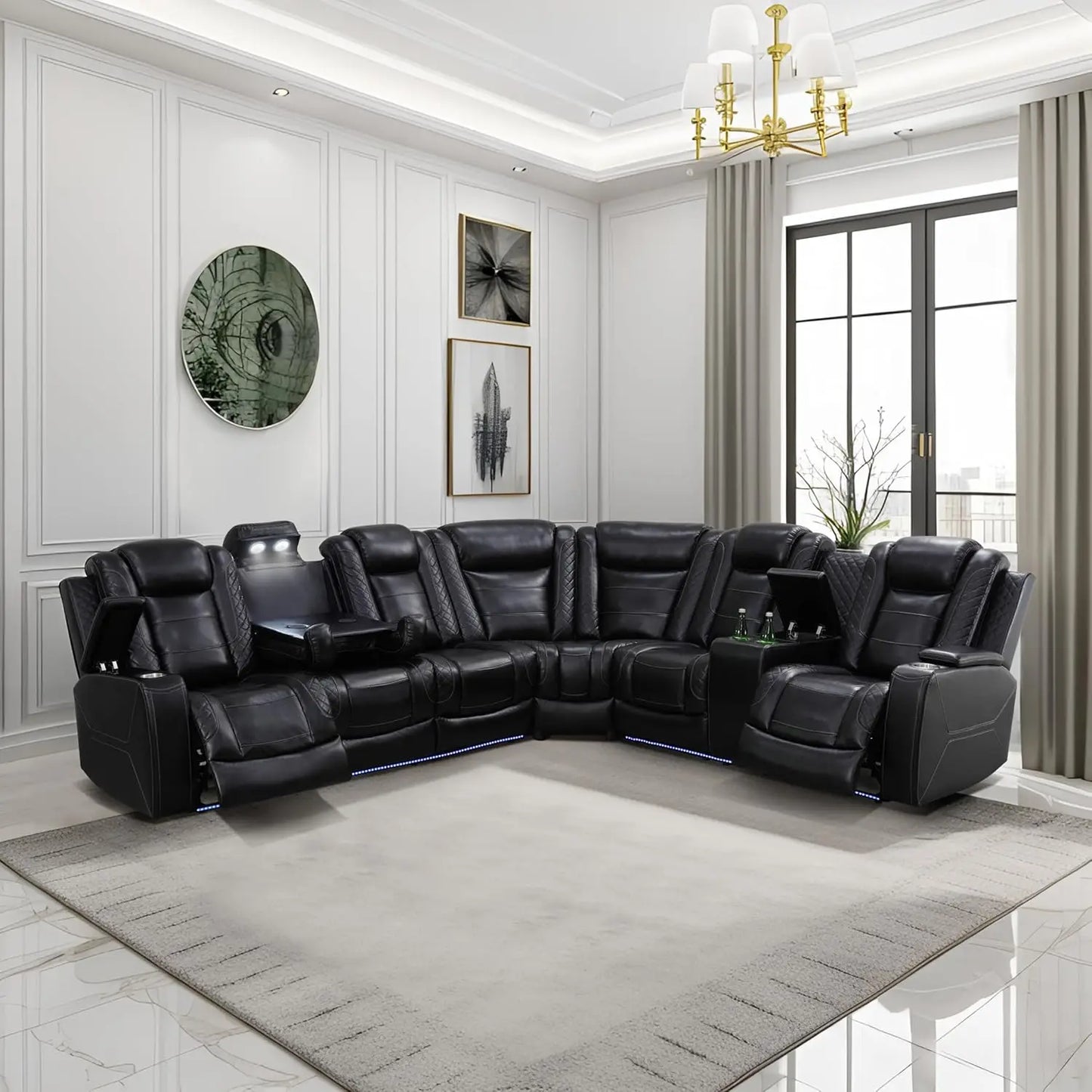 Power Reclining Sectional Sofa USB Chargers and Storage Console, Leather Recliner Sofa for Living Room Furniture Set