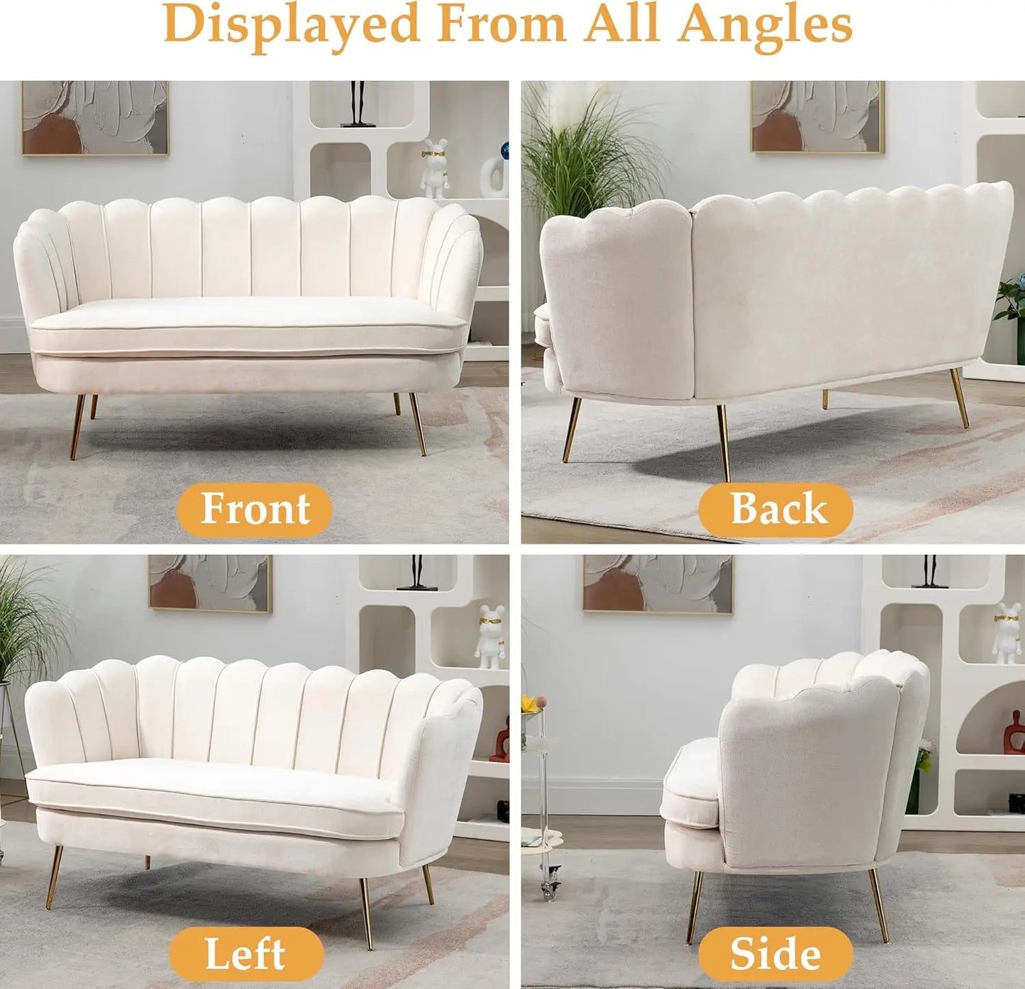 59 Inch Small Modern Chenille Loveseat Sofa 2 Seater Sofa with Gold Metal Legs Flower Shaped Back Couch for Living Room