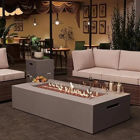 3 Piece Propane Fire Pit Table Set with Tank Table and Glass Wind Guard 56 Inch Outdoor Gas Fire Table 50000 BTU Modern Rectangle Fire Pit
