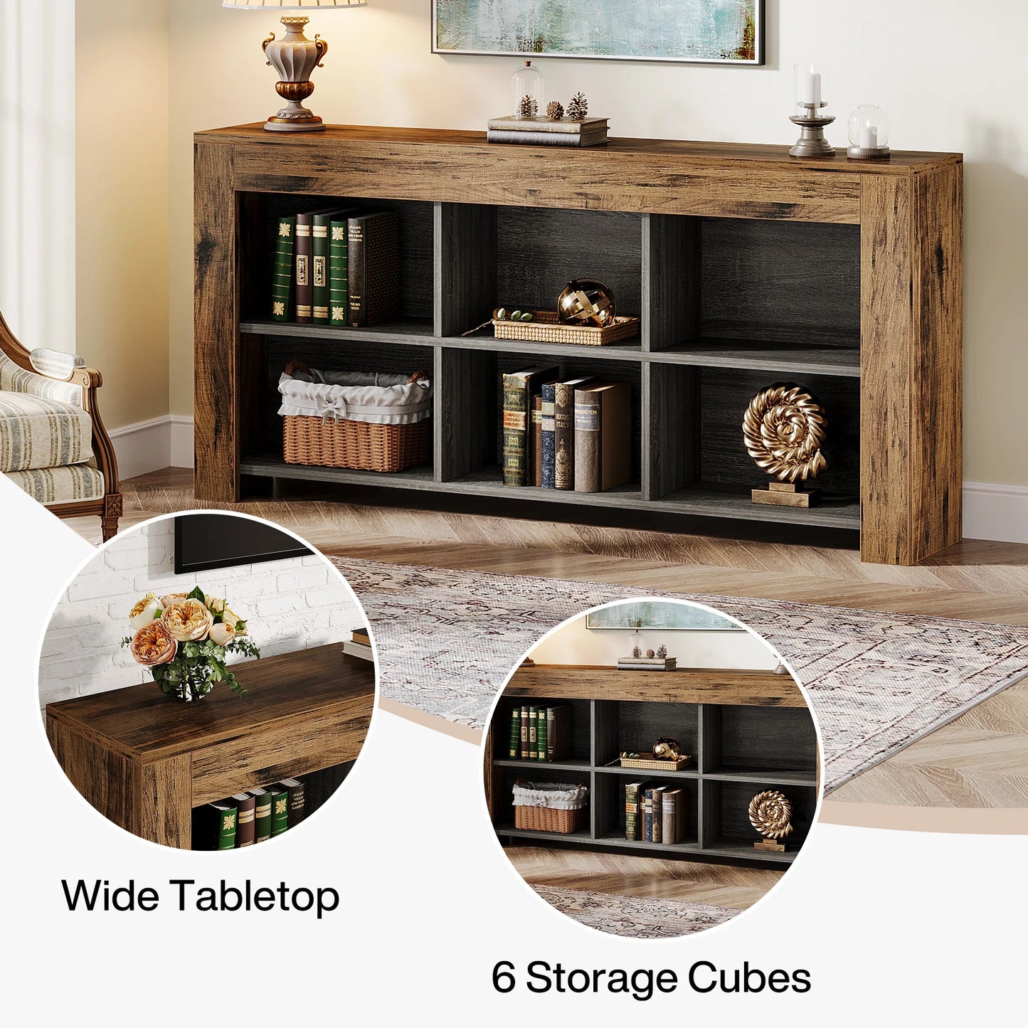 Tribesigns 63-Inch Long Console Table, Rustic Wood Entryway Table with 6 Storage Cubes, Industrial Narrow Sofa Table