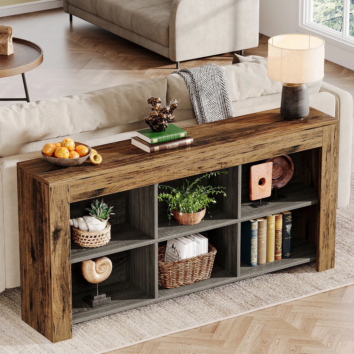 Tribesigns 63-Inch Long Console Table, Rustic Wood Entryway Table with 6 Storage Cubes, Industrial Narrow Sofa Table