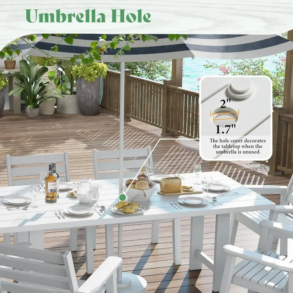 7 Piece HDPE Outdoor Dining Table Set with 6 Chairs 71 Inch Patio Dining Furniture Set with Umbrella Hole
