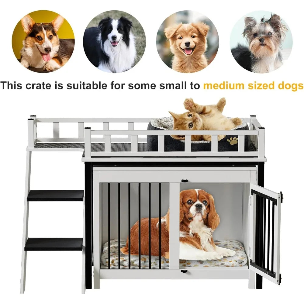 Loft Style Dog Crate Furniture with Double Doors Heavy Duty Dog Kennel Indoor for Medium and Large Dogs Wooden Pet House