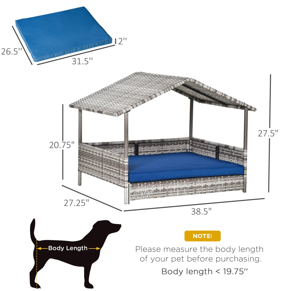 PawHut Wicker Dog House Outdoor With Canopy Rattan Dog Bed With Water Resistant Cushion For Small And Medium Dogs Dark Blue