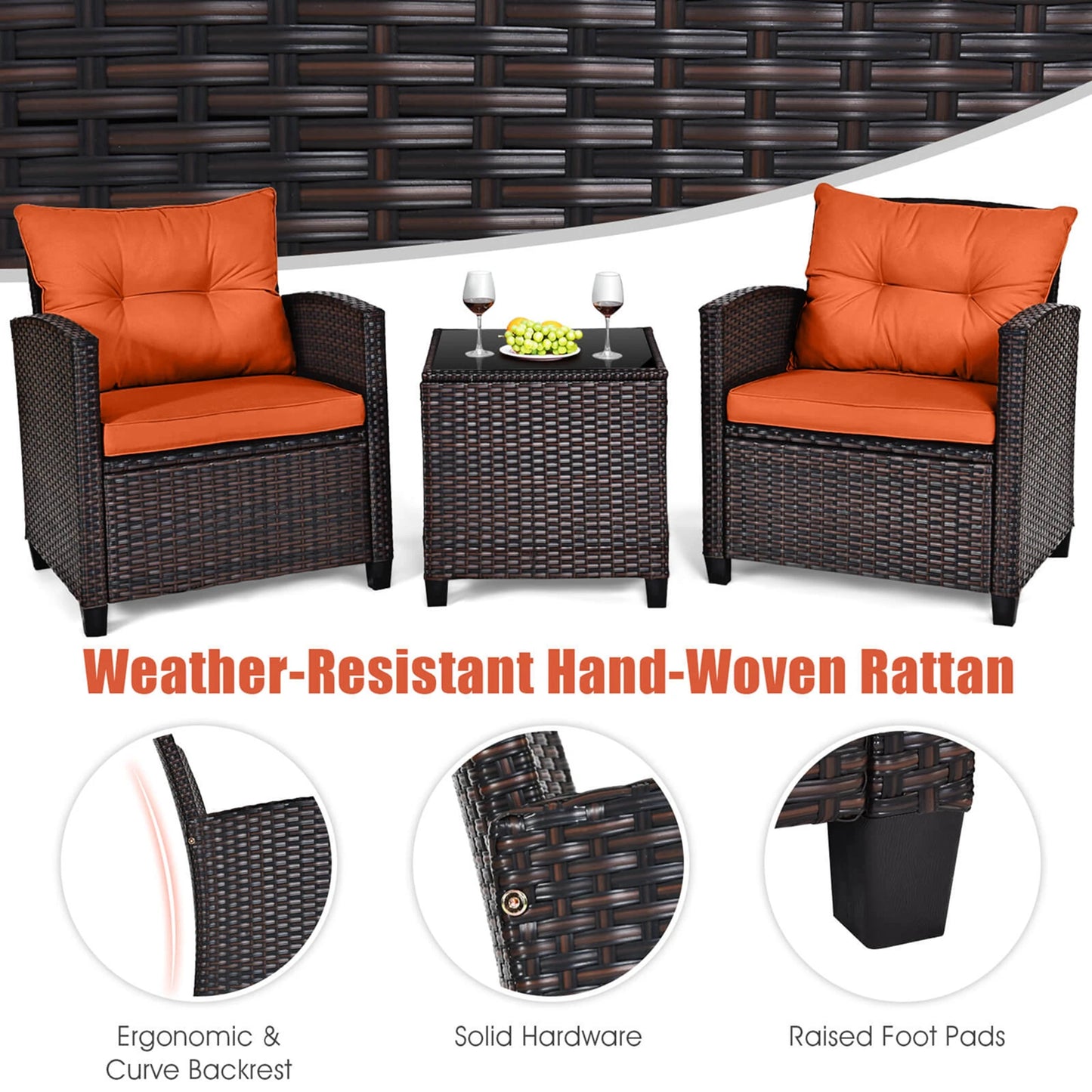 3 Piece Patio Rattan Furniture Set Cushioned Conversation Sofa Orange