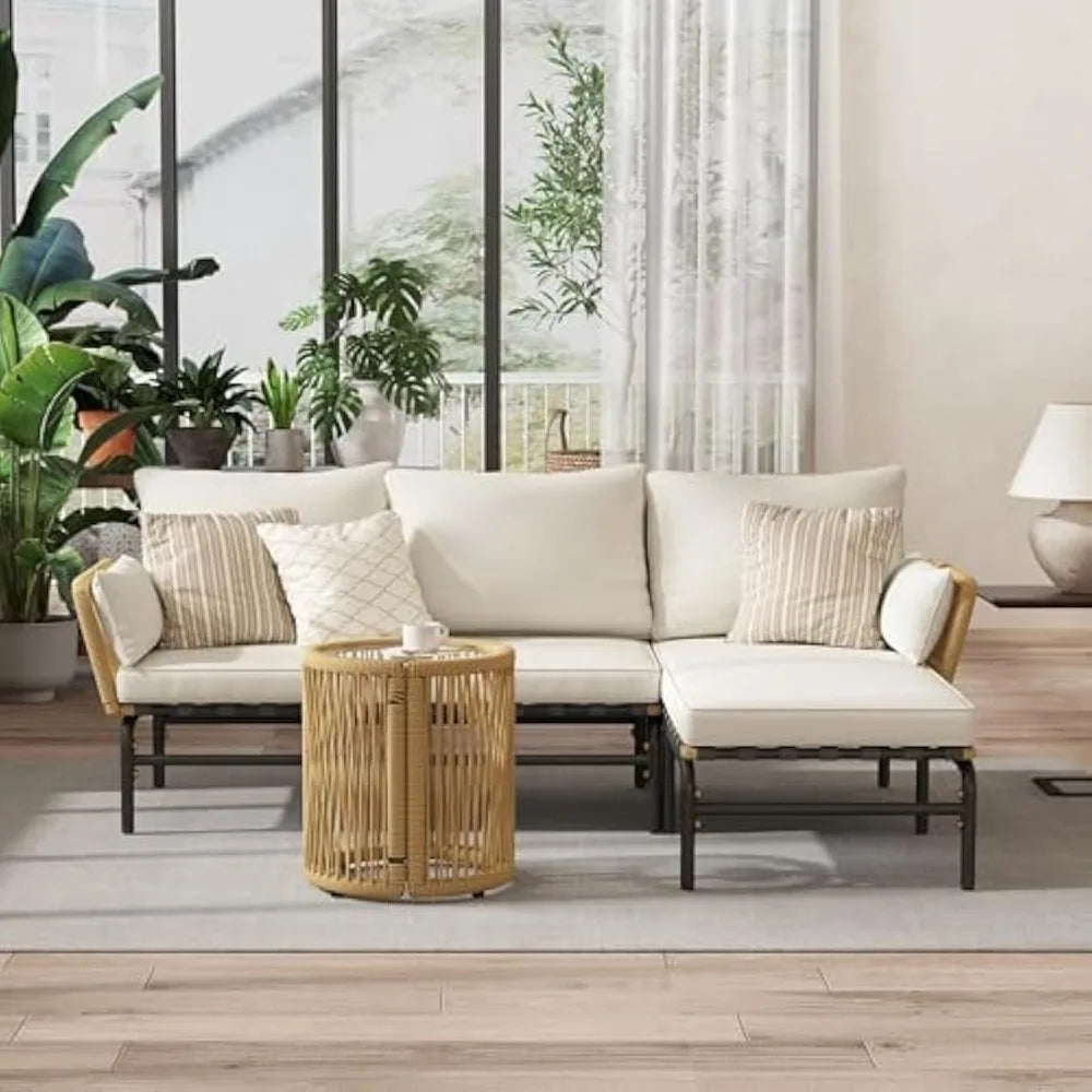 3 Pieces L Shaped Conversation Sofa Set Outdoor Patio Furniture Set with Detachable Lounger Thick Cushions Glass Side Table