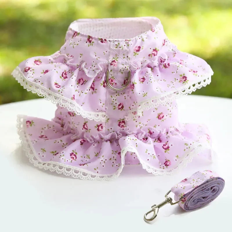 Adjustable Lace Floral Dog Cat Harness Leash Set Mesh Vest