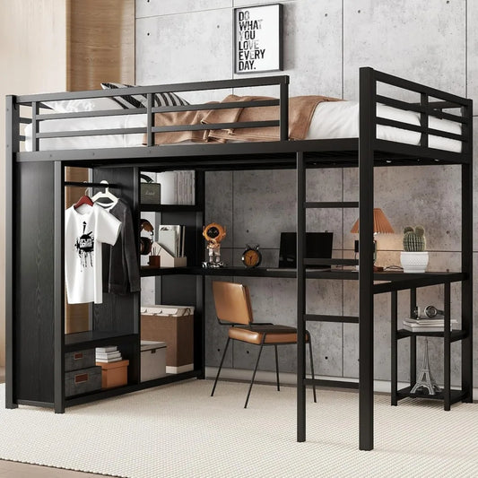 Queen Loft Bed with Desk and Storage Shelves, Queen Loft Bed with Wardrobe, Hanging Rod, Guardrail and Ladder, Balck