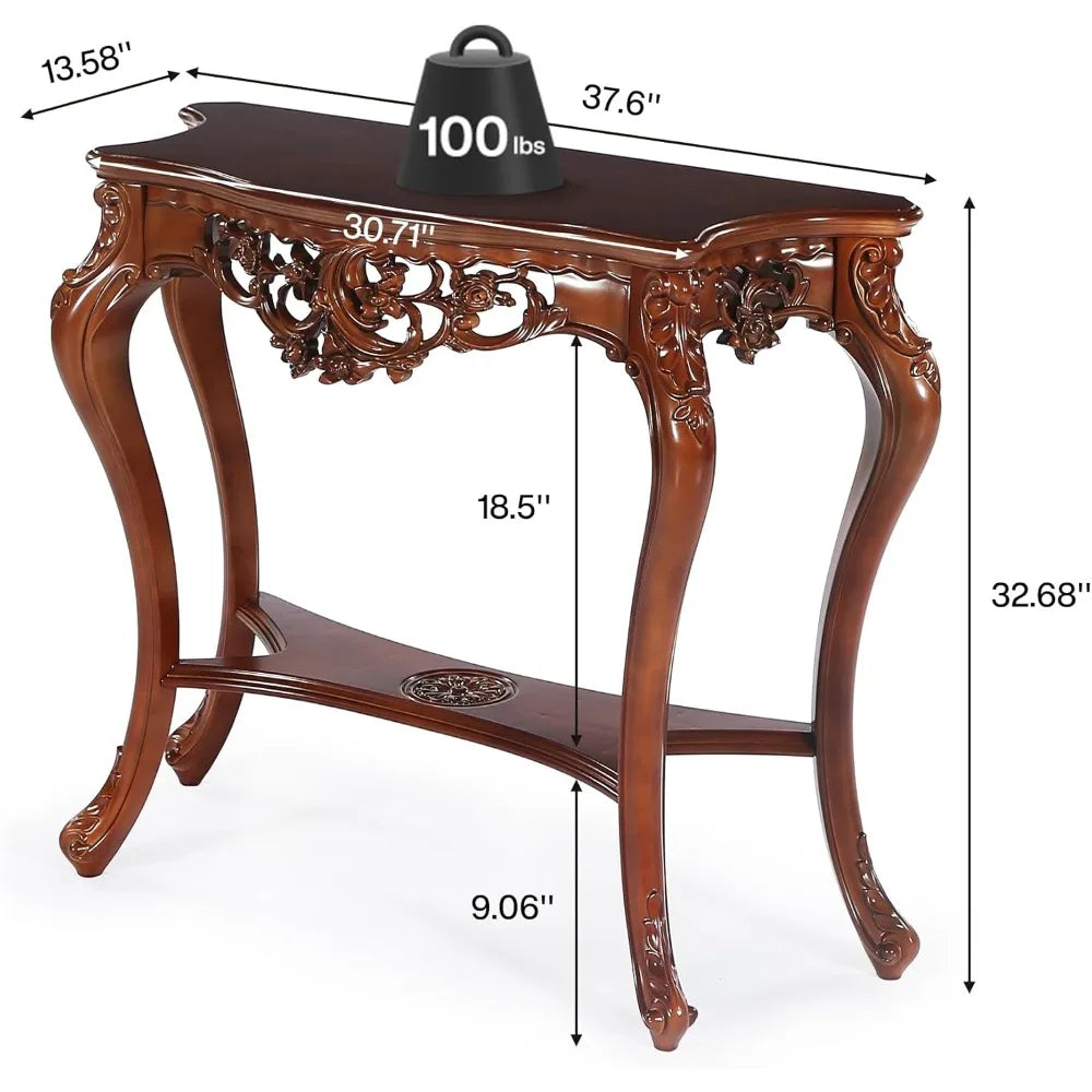Antique Console Table 38 Inch Victorian Half Moon Sofa Table with Hollow Floral Apron and Cabriole Legs Vintage Traditional Design