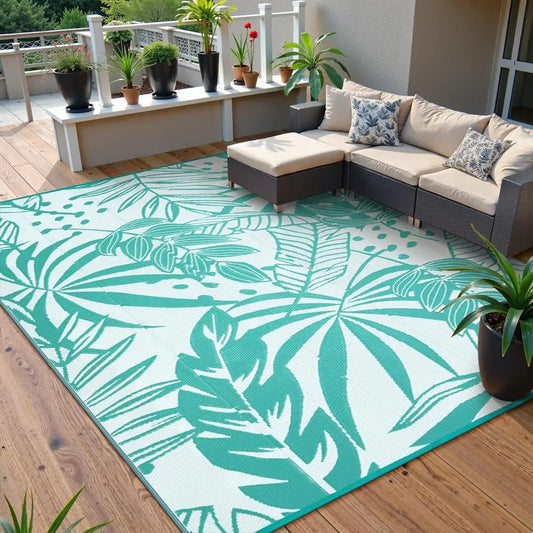 Leaf Outdoor Rugs 8X10 Feet Waterproof Reversible Tropical Plastic Straw Camping Mat For Patios Rv