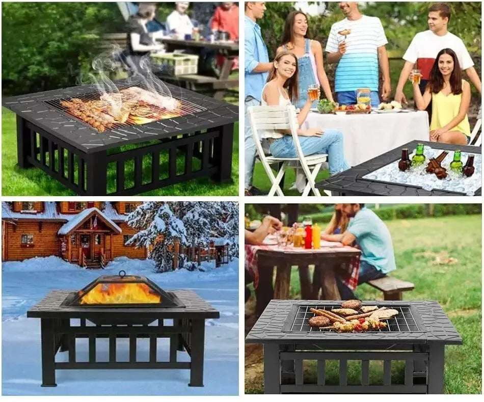 32 Inch Square Fire Pit Table for Outdoor Use Wood Burning with Spark Screen and Fire Poker for Camping and Patio