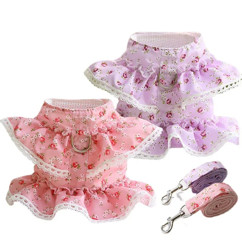 Adjustable Lace Floral Dog Cat Harness Leash Set Mesh Vest