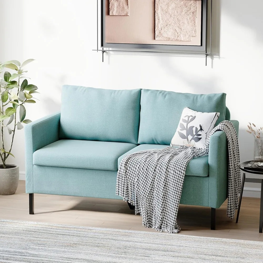 51 Inch W Linen Fabric Upholstered Modern Loveseat Sofa Couch for Living Room Aqua Blue 2 Seater Furniture with Iron Legs