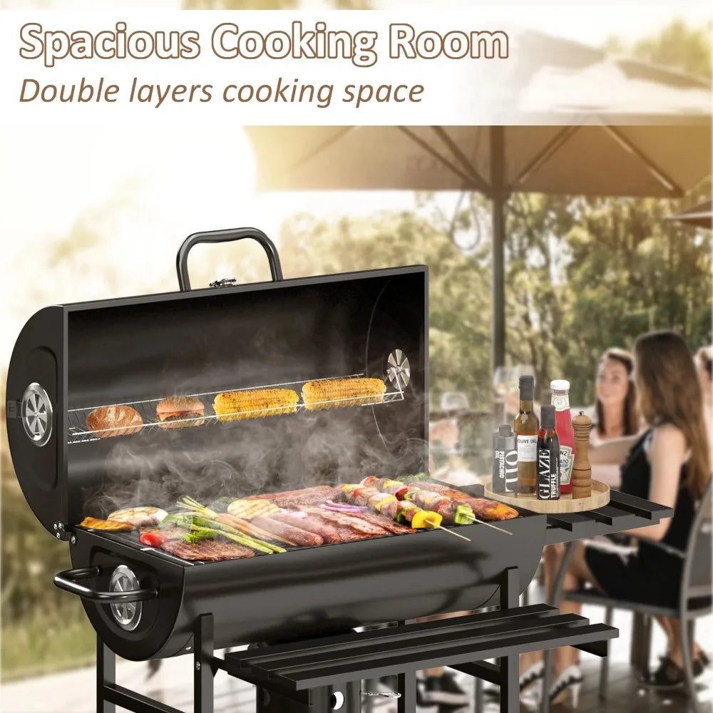 29 Inch Barrel Outdoor Charcoal Grill with Side Shelf and Wheels Black Generous Cooking Space