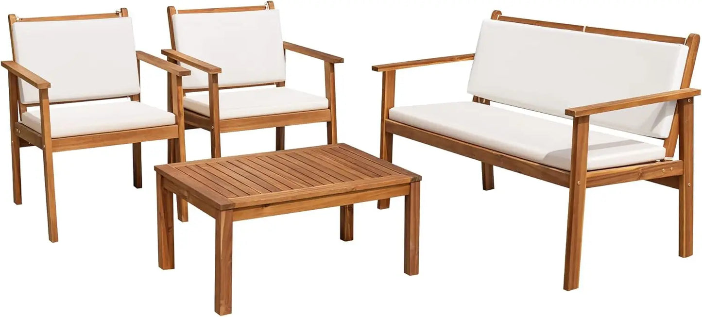 Patio Furniture Outdoor Acacia Wood Conversation Sofa Set with Table and Cushions for Deck and Balcony