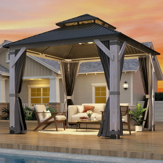 Outdoor Wooden Gazebo Patio Galvanized Steel Gazebo with Double Vented Roof Heavy Duty Cedar Wood for Garden Use