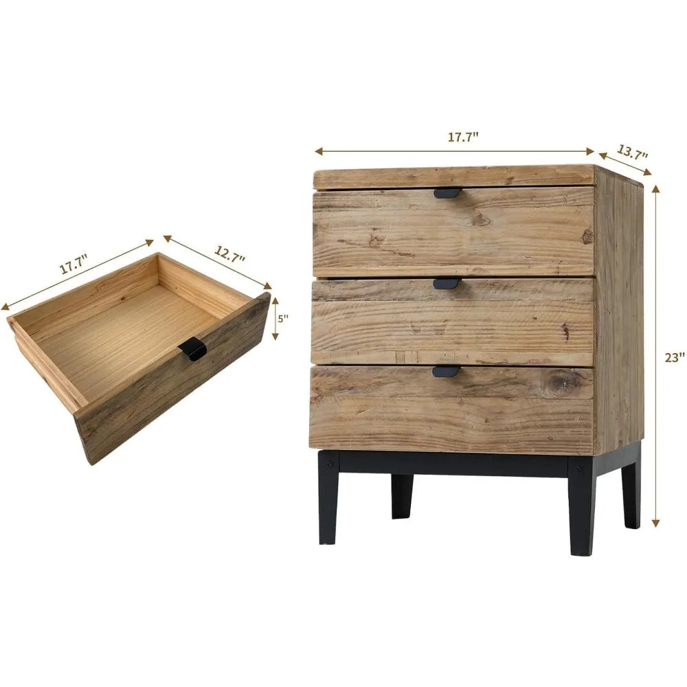Farmhouse Wood Nightstand Bedside Table with Three Drawers Storage for Living Room and Hallway Distressed Finish