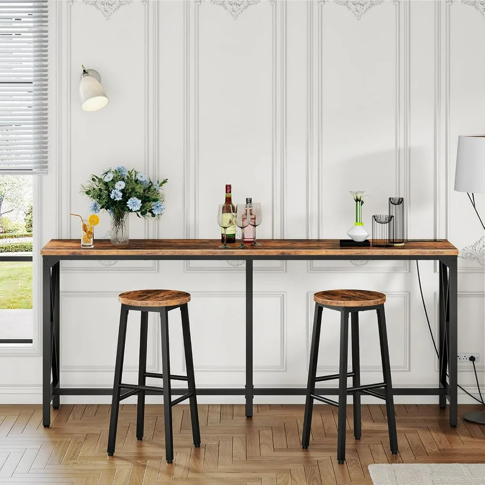 Kitchen Dining Table with Power Outlet and Footrest Industrial Style for Pub Living Room Rustic Brown and Black TBT08UBF