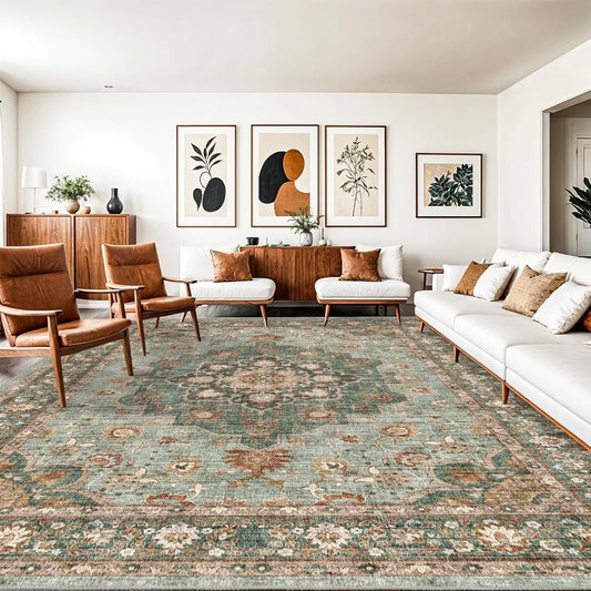 Washable Oriental Area Rug 10x14 Soft Carpet for Living Room Waterproof Floral Distressed Indoor Stain