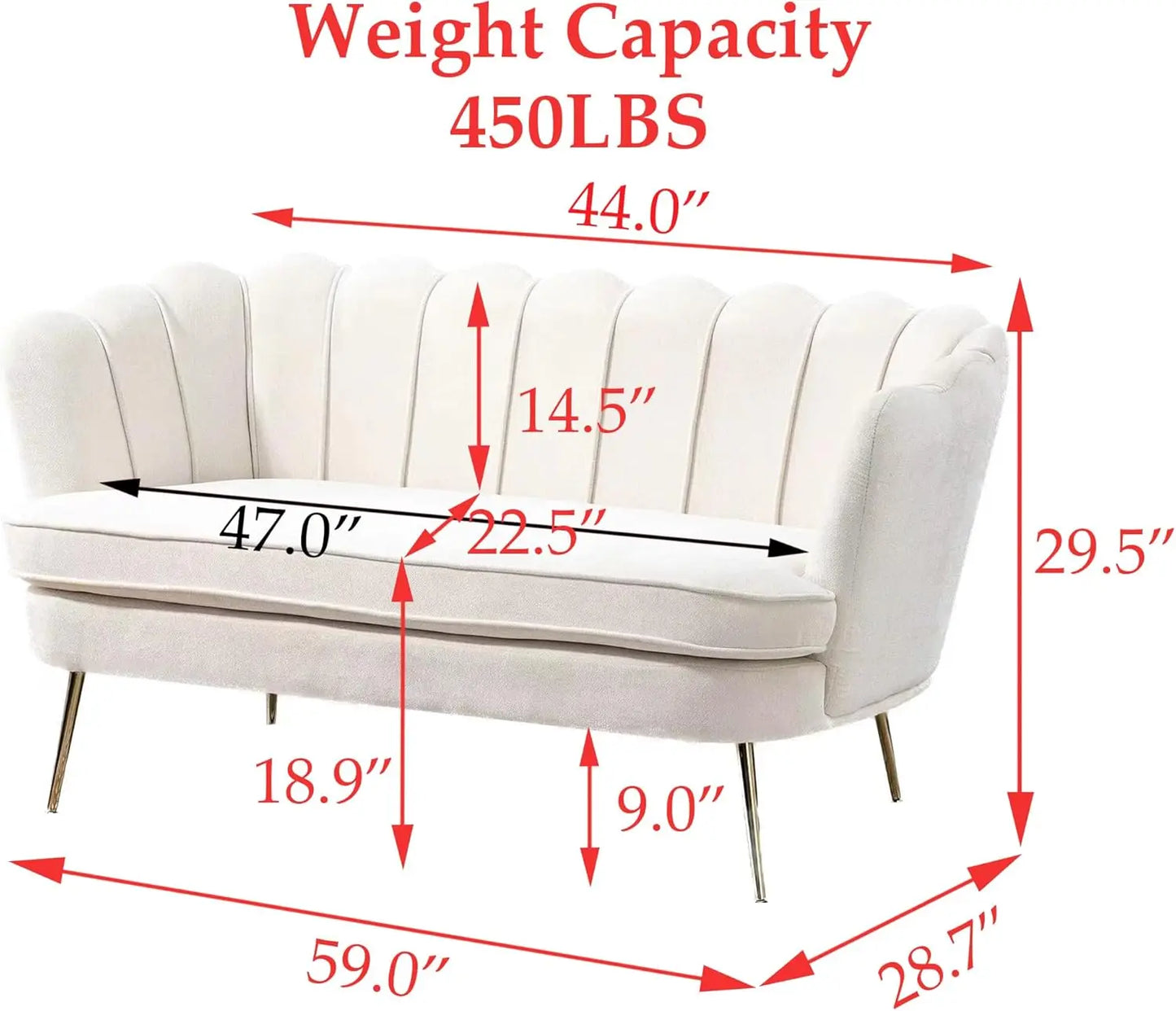 59 Inch Small Modern Chenille Loveseat Sofa 2 Seater Sofa with Gold Metal Legs Flower Shaped Back Couch for Living Room