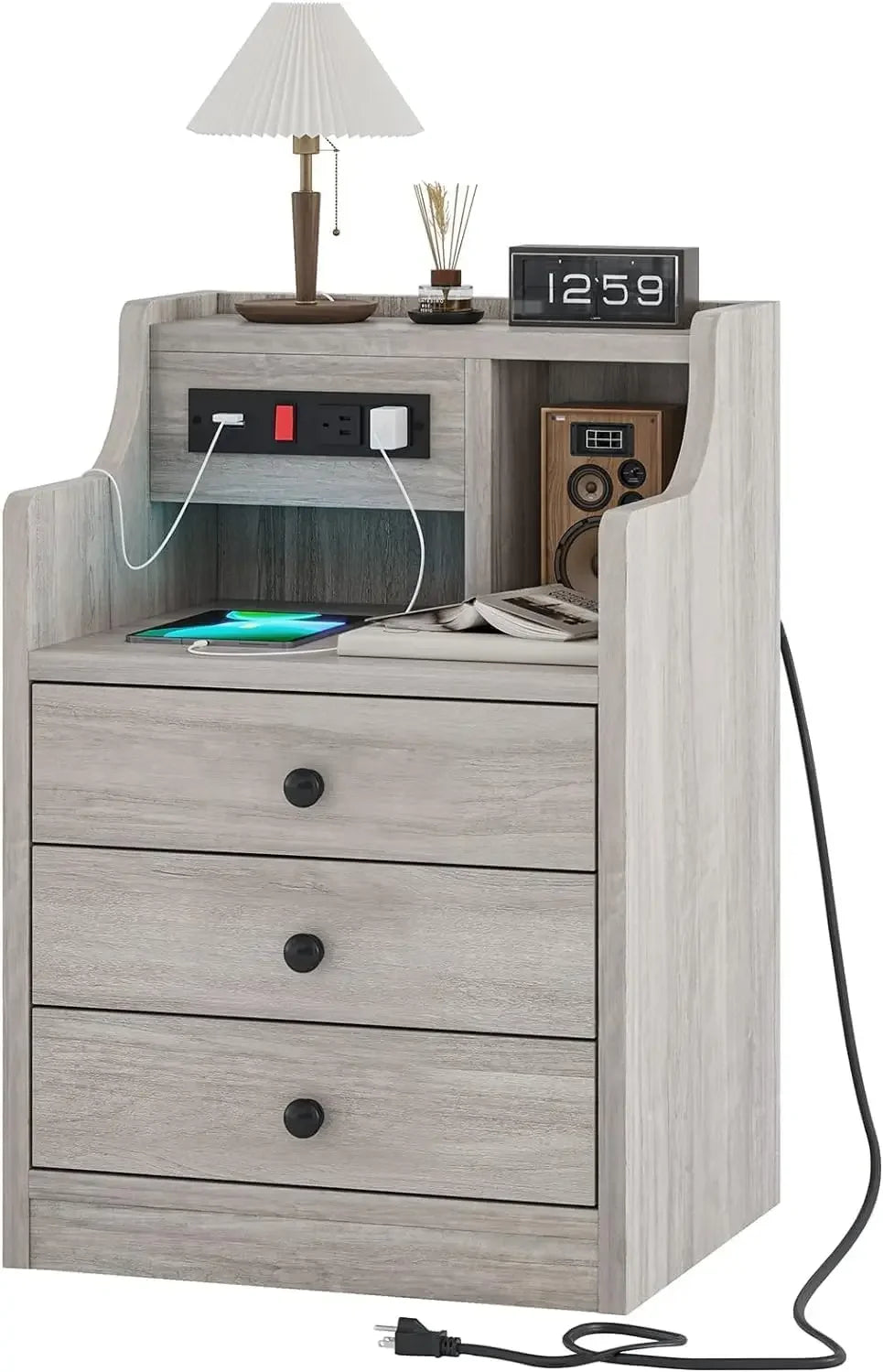 Nightstand with Charging Station and 3 Storage Drawers Modern Bedside Table with Hutch