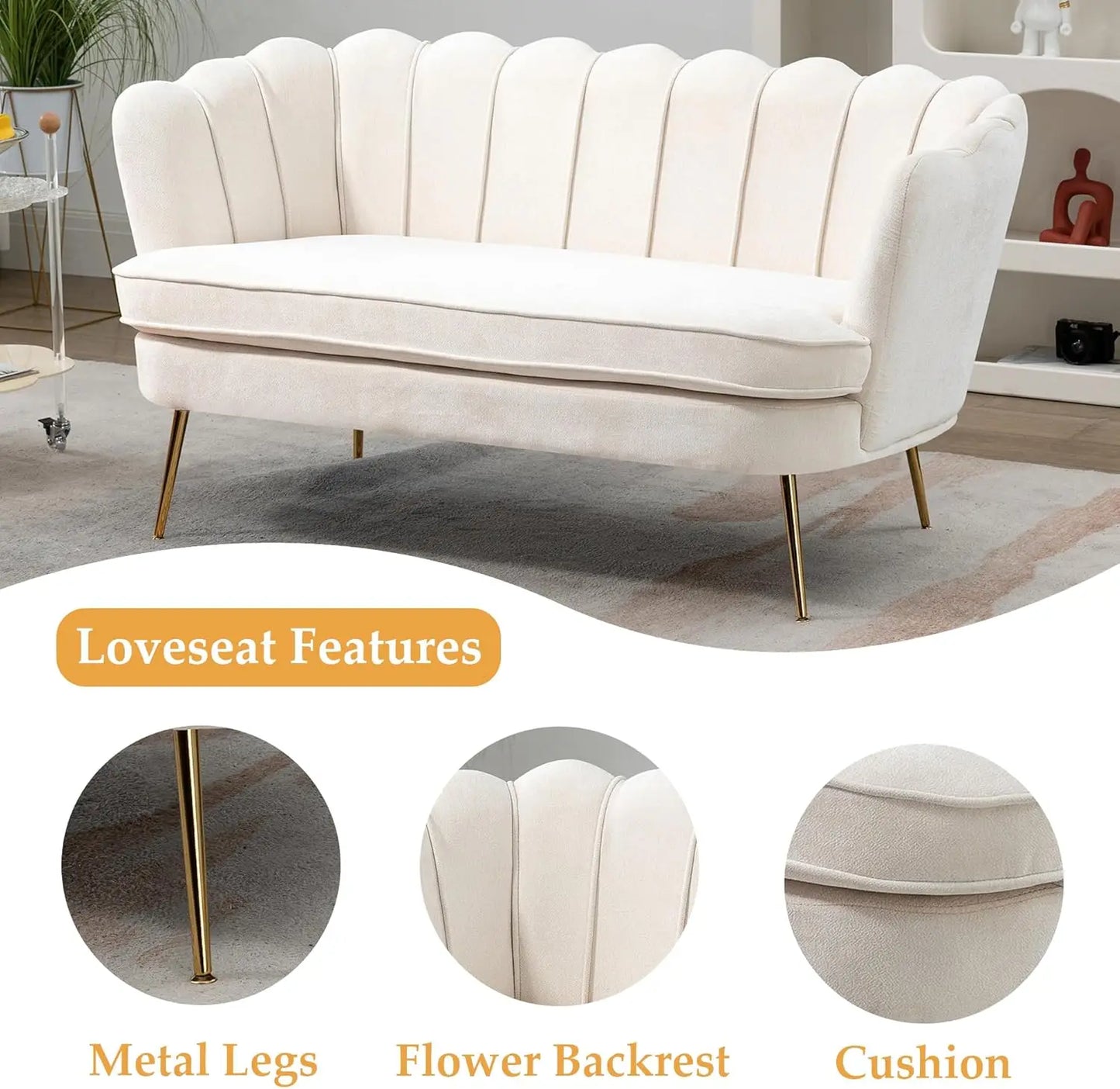 59 Inch Small Modern Chenille Loveseat Sofa 2 Seater Sofa with Gold Metal Legs Flower Shaped Back Couch for Living Room