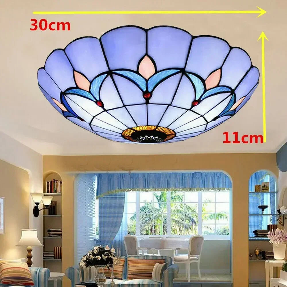 12" Tiffany Style Stained Glass Flush Mount Light, Elegant Vintage Ceiling Lamp for Living Room and Dining Room