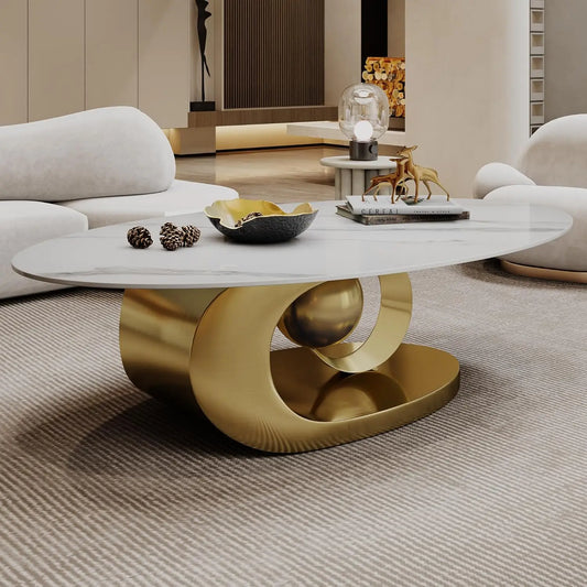 49.2 Inch Modern Oval Marble Coffee Table with Sturdy Metal Base Luxury Living Room Furniture