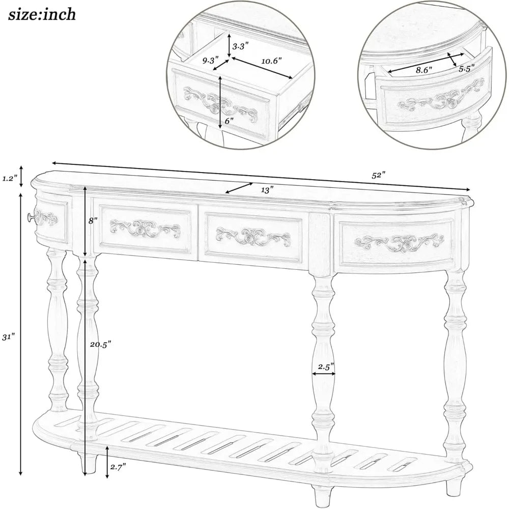 Retro Wood Curved Console Table 52 Inch Half Moon Hall Sofa Table with Drawers and Shelf for Living Room Home Furniture