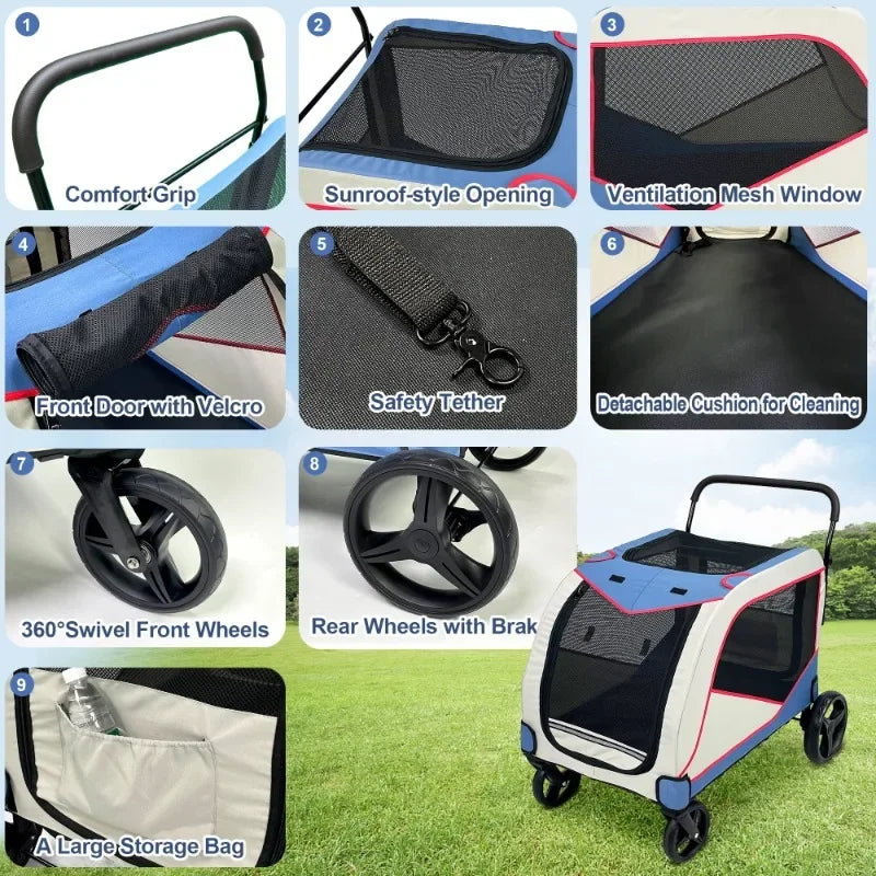 Pet Stroller for Large or 2 Dogs Cats Jogger Wagon with 4 Wheels