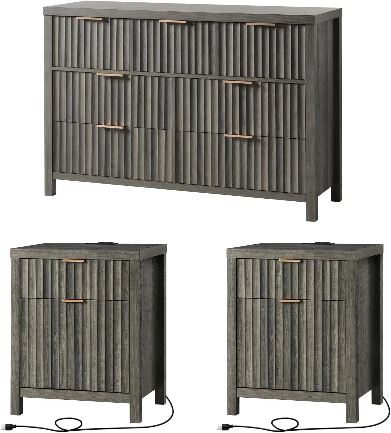 3 Pieces Fluted 7 Drawer Dresser and Nightstand Set with Charging Station Modern Bedroom Furniture Set