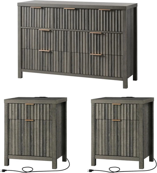 3 Pieces Fluted 7 Drawer Dresser and Nightstand Set with Charging Station Modern Bedroom Furniture Set