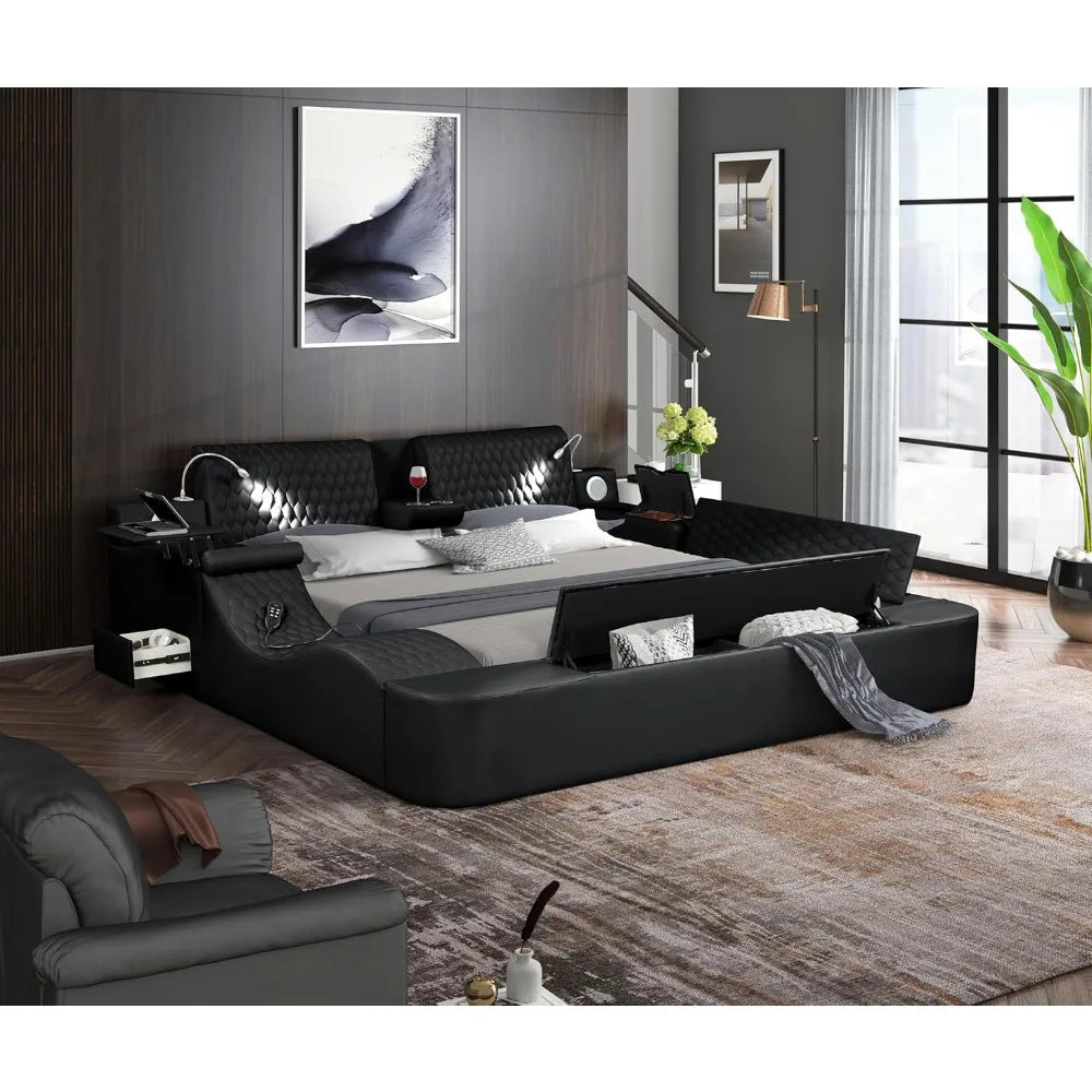 Queen Size Smart Bed Multifunctional Leather Bed Frame with Massage Recliner Upholstered Headboard Modern Luxury Bed Frame