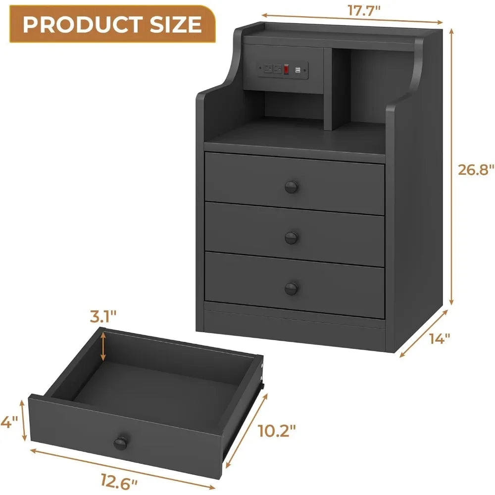 Nightstand with Charging Station and 3 Storage Drawers Modern Bedside Table with Hutch