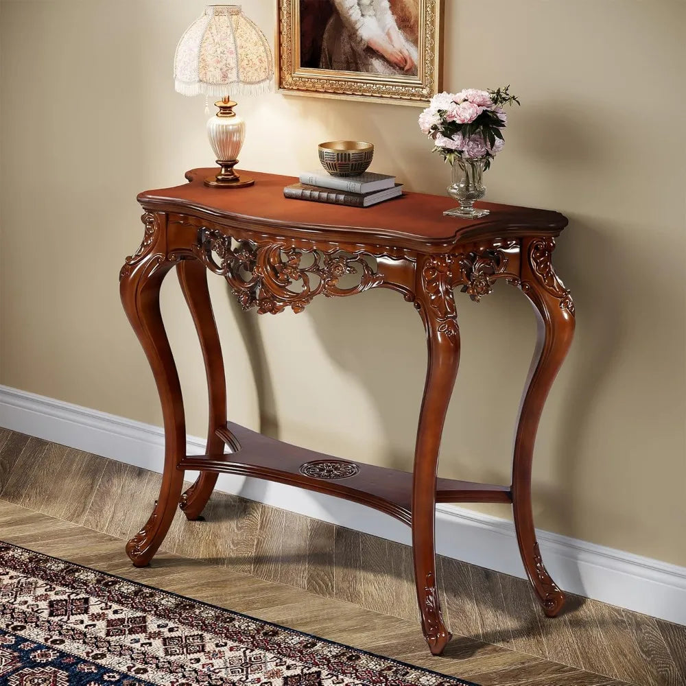 Antique Console Table 38 Inch Victorian Half Moon Sofa Table with Hollow Floral Apron and Cabriole Legs Vintage Traditional Design