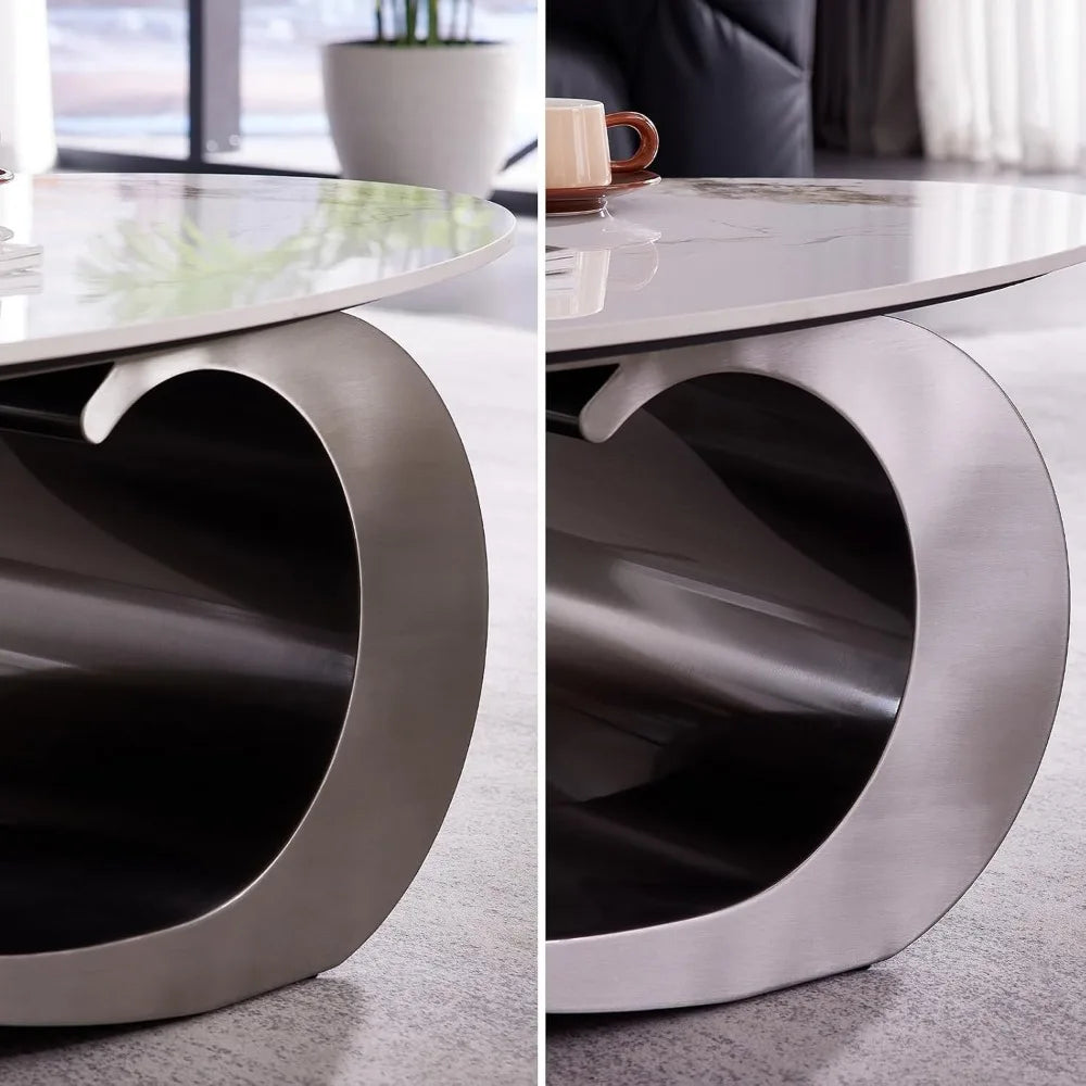 49.2 Inch Modern Oval Marble Coffee Table with Sturdy Metal Base Luxury Living Room Furniture