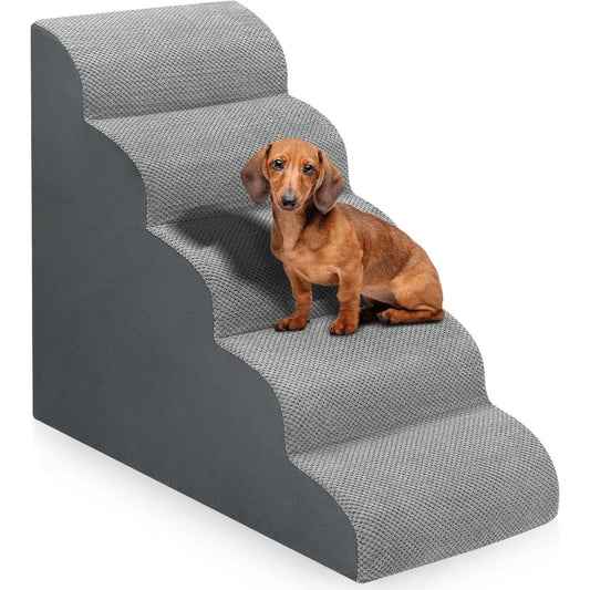 Grey 5 Step Dog Stairs For Bed Non Slip Pet Ramp Sturdy