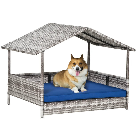PawHut Wicker Dog House Outdoor With Canopy Rattan Dog Bed With Water Resistant Cushion For Small And Medium Dogs Dark Blue