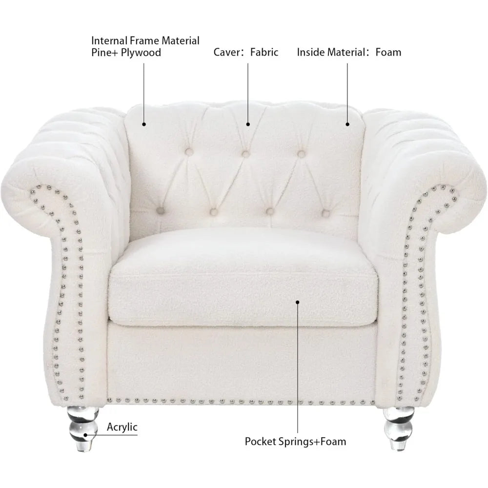 Accent Chair, Chesterfield Chair Modern Velvet Upholstered Chairs with Tufted Back for Living Room Furniture (White)