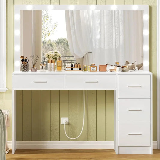 47.2 Inch Large Vanity Desk with Lighted Mirror and 14 Lights Makeup Vanity Table with 5 Large Drawers and Charging Station