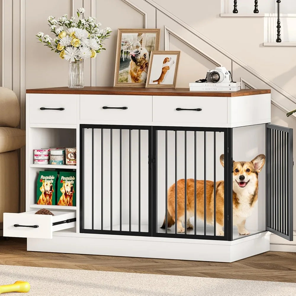 Luck Large Dog Crate Furniture 47.2 Inch Dog Kennel Indoor with 3 Storage Drawers and Hidden Feeding Bowl Sturdy Wooden Dog Crate