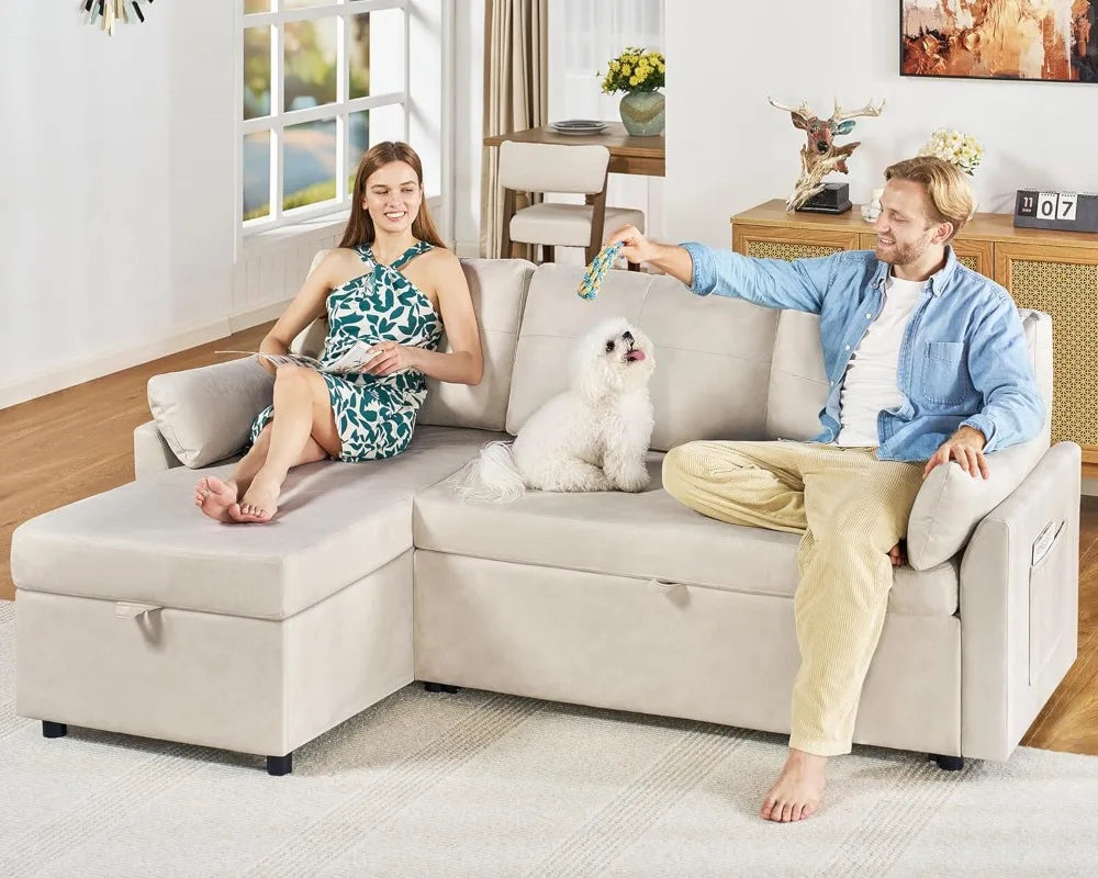 Sofa Bed, Sofa Sleeper with Chaise, Pull Out Couch for Living Room, Off-White Leathaire,
