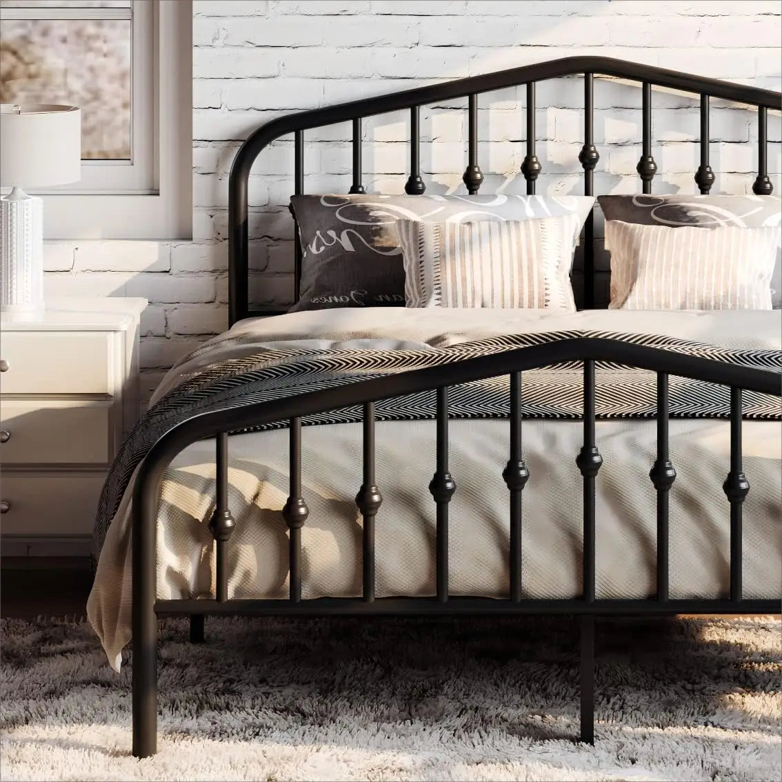 Queen Size Metal Platform Bed Frame with Victorian Style Wrought Iron Headboard and Footboard No Box Spring Required Black