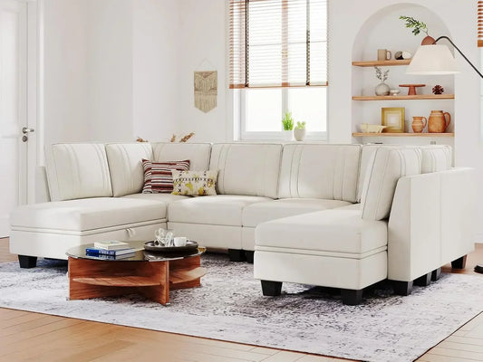 Sectional Couch with Storage Ottoman, U Shaped Sectional Sofa Couch, Convertible U-Shape Sectional Couch for Living Room, Beige