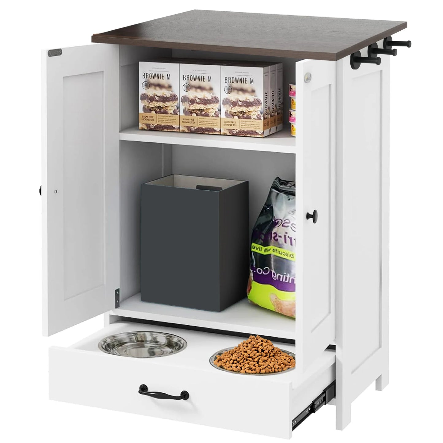 Pet Feeding Station Food Storage Cabinet with Hidden Detachable Stainless Steel Dog Bowls and Hooks for Medium Sized Dogs
