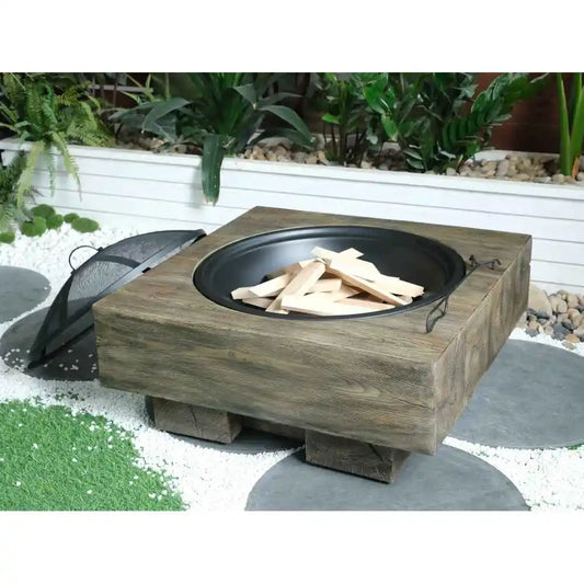 Wood Fueled Outdoor Fire Pit with Wood Grain Design in Antique Dark Grey
