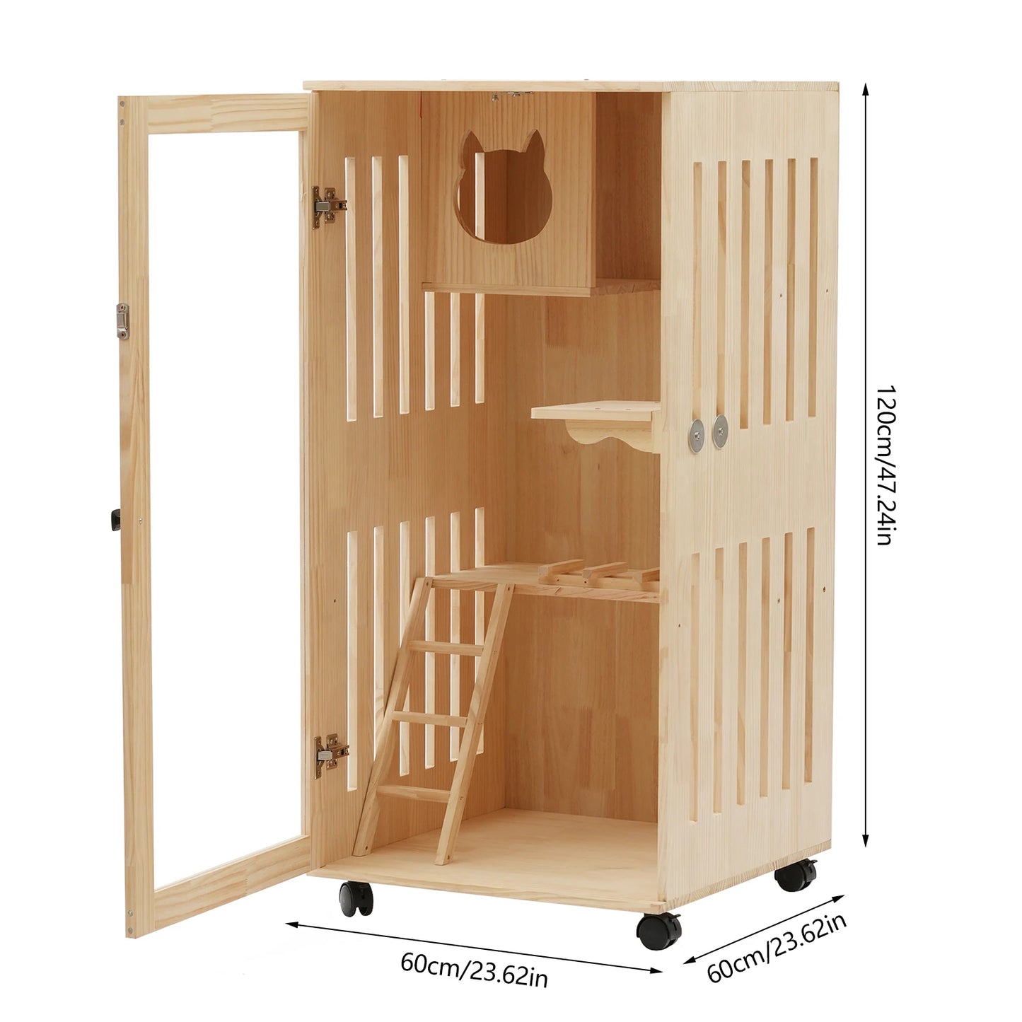 Large Wooden Cat House Luxury Multi-Feature Cat Condo Cat Condo House with Posts Oversized Cat Villa on Wheels