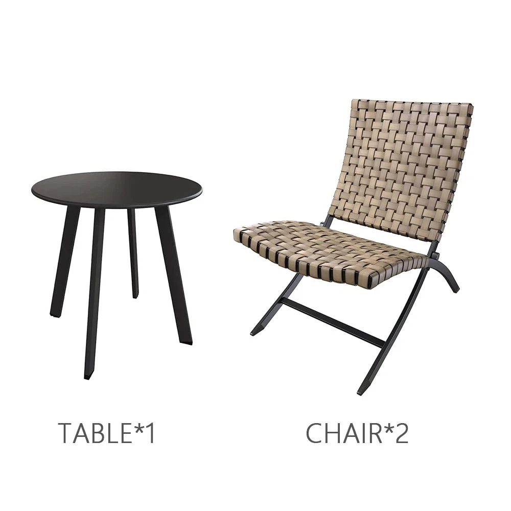3 Piece Leather Texture Wicker Patio Chairs Foldable Balcony Furniture Set with Outdoor Lounge Seating and Side Table